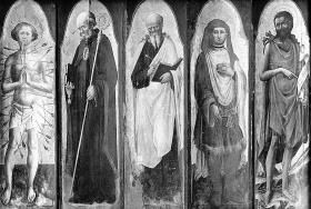 Der heilige Sebastian; der heilige Benedikt; ein heiliger Eremit, vermutlich der heilige Pantaleon; Johannes der Täufer