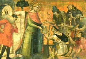 Der heilige Antonius der Große verteilt Almosen