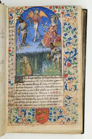 Venus, Cupido und Pan im Himmel, darunter Pan und die Nymphe Syrinx im Schilf sowie ganz unten das Wappen der Familie Malet de Graville