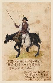 Stammbuchblatt des m. Abraham Schade aus Senfftebergen für Melchior Winckler mit bildlicher Darstellung: Bauer zu Pferde mit Peitsche und Proviantsäcken