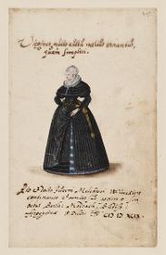 Stammbuchblatt des Barth[olomäus] Modrach aus Bautzen für Melchior Winckler mit der Darstellung einer vornehmen Straßburgerin