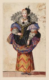 Stammbuchblatt mit der Darstellung einer eleganten Dame in "alamode"-Tracht mit großem Spitzenkragen und hochgerafftem Oberrock