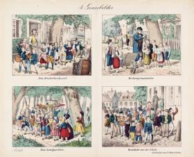 4 Genrebilder. Eine Kinderhochzeit. Der Lumpensammler. Eine Landparthie. Heimkehr aus der Schule.