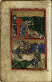 Fragment eines Psalteriums, Bl. 2 verso - Sarah schlägt Hagar, Hagar sitzt in der Wüste