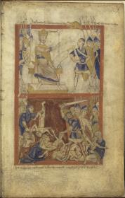 Fragment eines Psalteriums, Bl. 8 recto - Thronender Herodes, der Bethlehemitische Kindermord