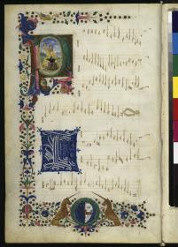 Notenseite mit einem von Einhörnern gehaltenem Wappen in offenem Rankenwerk