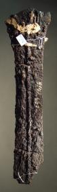 Schwert: breite Klinge mit Mittelrippe; Reste der Holzscheide, von der breiten Griffzunge nur ein Rest, darauf Elfenbein und ein 2 cm langer Bronzeniet mit versilberten Köpfen
