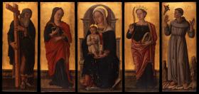 Thronende Maria mit dem Kind und den Heiligen Petrus, Apollonia, Katharina von Alexandrien und Franziskus von Assi