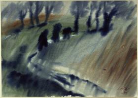 Regenlandschaft mit Weg, Fußgängern und Bäumen