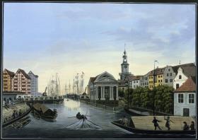 "Prospekt nach dem holländischen Baum" Die Grüne Brücke mit der Neuen Börse und Speichern in Königsberg