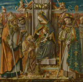 Thronende Maria mit dem Kind, die Schlüsselübergabe an den Apostel Petrus und die Heiligen Johannes Capistranus, Emidius, Franziskus, Ludwig von Toulouse, der selige Giacomo della Marca und ein heiliger Bischof