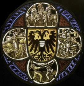 Doppelköpfiger Reichsadler mit Herzschild Österreich und vier Szenen eines Turniers