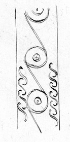 Fragment eines starken Bands mit eingeschlagener geometrischer Verzierung, vermutlich von der Seite eines Dreifuβbeins