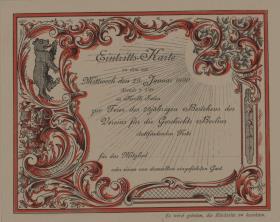 Eintrittskarte zur Feier des 25jährigen Bestehens des Vereins für die Geschichte Berlins. 29. Januar 1890