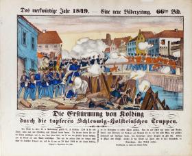 Das merkwürdige Jahr 1849. – Eine neue Bilderzeitung. 66tes Bild. Die Erstürmung von Kolding durch die tapferen Schleswig-Holsteinischen Truppen.