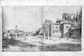 Forum Romanum, rechts im Vordergrund die drei Säulen des Castor-Tempels und S. Maria Liberatrice, links S. Francesco Romana, dahinter Kolosseum