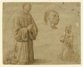 Studienblatt mit einem knienden Mönch in Gebetshaltung, der Wiederholung seines Kopfes und einer betenden Frau (teilweise nach Perugino)