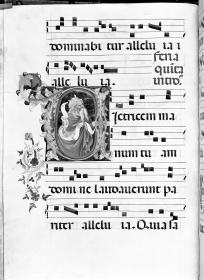 Notenseite mit verzierter Initiale mit Prophetenhalbfigur. In: Graduale aus Murano