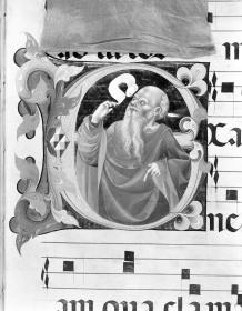 Notenseite mit verzierter Initiale mit Prophetenhalbfigur. In: Graduale aus Murano