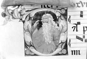 Notenseite mit verzierter Initiale mit Prophetenhalbfigur. In: Graduale aus Murano