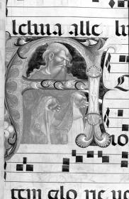 Notenseite mit verzierter Initiale A mit Prophetenhalbfigur. In: Graduale aus Murano