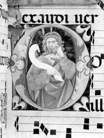 Notenseite mit verzierter Initiale mit Prophetenhalbfigur. In: Graduale aus Murano