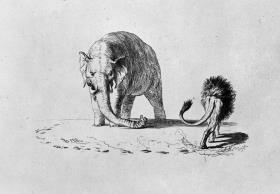 Löwe und Elefant, Illustration zu "Werke Friedrichs des Großen"