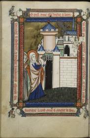 Vie de Sainte Benoîte d'Origny. Die Heilige kommt nach Laon, eine silberne Glocke schwingend, vor der Teufel aus der Stadt weichen