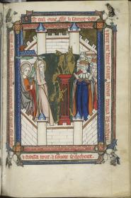 Vie de Sainte Benoîte d'Origny. Die Hl. Benedikta stürzt die goldenen Götzen der Stadt von ihren Säulen