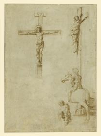 Christus und ein Schächer am Kreuz, darunter Reiter und Soldat