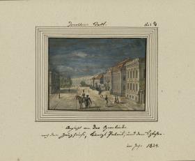 Dorotheen-Stadt. Ansicht von der Opernbrücke, nach dem Zeughause, königl. Palais, und dem Schlosse. im Jahr 1824.