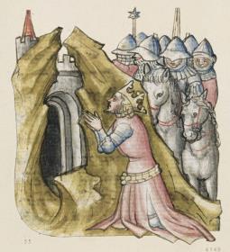 Alexander, an der Spitze seines Heeres, kniet betend vor dem Felsentor Jerusalems