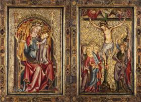 Diptychon mit thronender Madonna und Kreuzigung