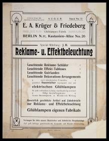 Werbeblatt: Reklame- u. Effektbeleuchtung, E. A. Krüger & Friedeberg, Berlin, 1908