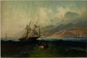 Ansicht von Laguaira vom Meer aus. Im Vordergrund Segelschiff und Ruderboot bei stürmischer See