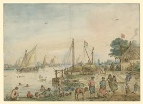 Der Sommer: Flusslandschaft mit Badenden