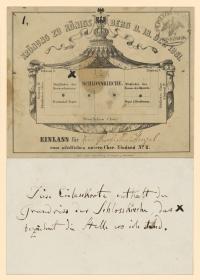 Einlasskarte für Adolph Menzel zur "Krönung zu Königsberg D. 18. Oct. 1861" mit handschriftlicher Notiz