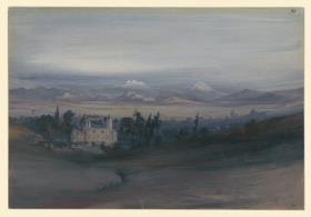 Blick auf den Bischofspalast von Tacubaya und die Sierra Nevada mit den verschneiten Gipfeln der Vulkane bei Nacht