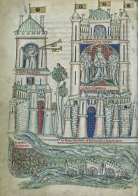 Alexander-Roman. Schloss Babylon, darin im Kreis seiner Räte König Nectanebus von Ägypten. Tubabläser im "Chastel dou Cahaire", die gegen den König gerichtet sind. Darunter der Euphrat mit Fischern und Wassermühlen