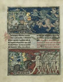 Alexander-Roman. Kampf mit gehörnten Drachen und gegen Menschen mit Schweinsköpfen