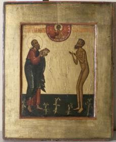 Ikone mit Johannes dem Evangelisten und dem Narr Wassilij