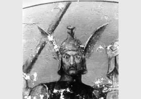 Blick auf das zum Teil zerstörte Deckengemälde "Die Nibelungen-Sage" von Ernst Ewald in der Querhalle der Nationalgalerie