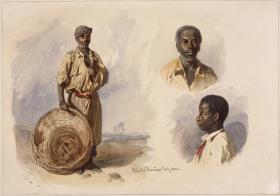 Drei Porträts von Afrobrasilianern: in Ganzfigur, stehend mit Korb, Brustbild eines Mannes en face und das eines Jungen im Profil