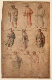 Blatt aus einer Weltchronik (der so genannten „Cockerell-Chronik“) – acht „uomini famosi“: Pindar, Artaxerxes, Gorgias, Sokrates, Esra, Empedokles, Zenon und Nehemia