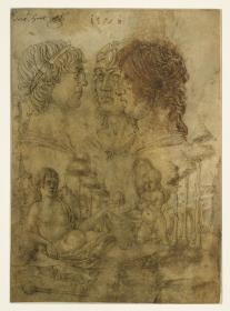 Drei Köpfe; Venus und Amor in einer Landschaft